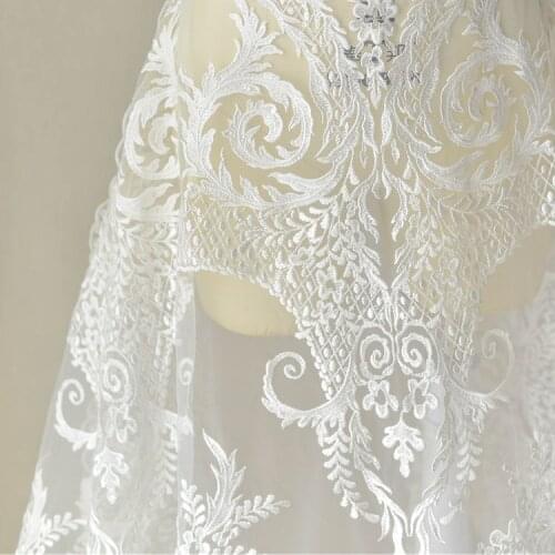 130cm*1yard flower embroidery tulle Lace Fabric for wedding dress Raw white african lace embroidered branches clothes fabrics