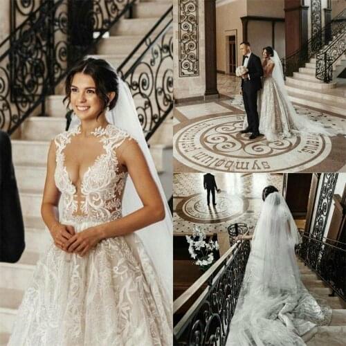 2021 Elegant Lace Wedding Dresses with Veil Sweep Train Sleeveless Illusion Bridal Gowns vestido de novia