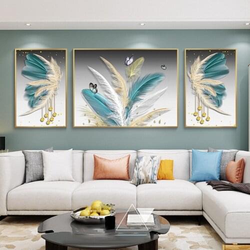 5D Diamond Painting Full Diamond Auspicious Feather Abstract Living Room Triptych Stick Diamond Embroidery Dimond Paintings