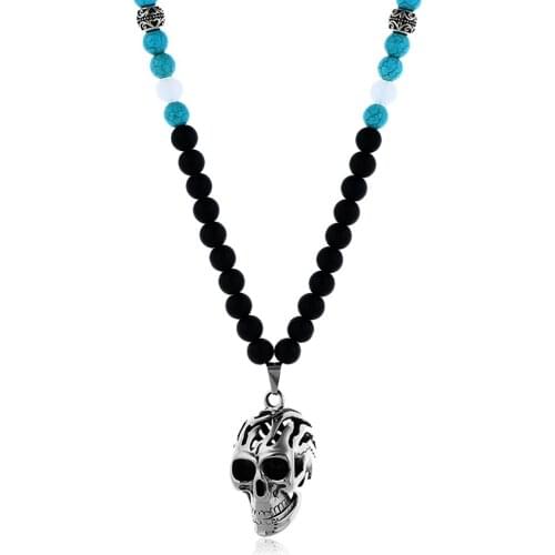 African Glass Beads 96cm Long Chain Necklaces For Stainless Steel Big Skull Head Pendant Necklaces Sweater Chain Jewelry