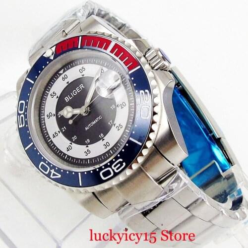 BLIGER Automatic Men Wrtistwatch Black Dial Sapphire Glass Date Window Mental Strap MIYOTA Movement