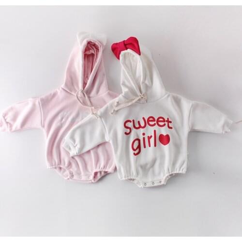 2020 Baby Girl Bodysuit Hooded Fashion Letter Print Sweatshirt Sweet Cute Newborn Clothes Long Sleeve Bow Hoodie One Piece