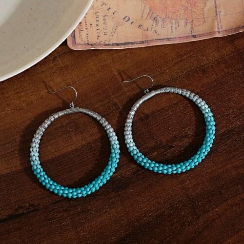 Bohemia Classic Charm Womens Big Blue Round Silver Color Earrings Beaded Earrings Jewelry Accessories