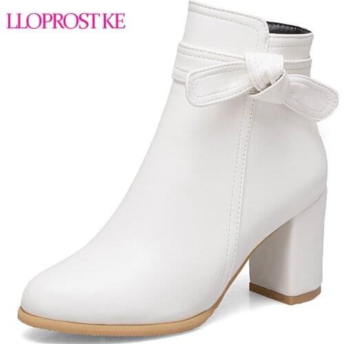 Lloprost ke Sweet Lovely Beige White Black Princess Lolita Shoes Plus Size 33-52 Butterfly-knot Thick Heel Ankle Boots Winter