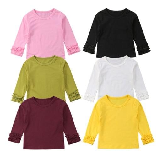 Toddler Baby Girl Cotton Long Sleeve Ruffles T-shirt Solid Tops Blouse Crew Tee