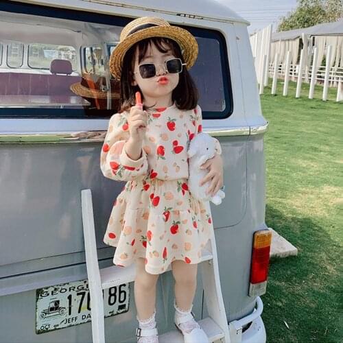 Spring Autumn Girls 2 Pcs Set Baby Tee Shirt + Skirt Kids Tracksuits Children Clothes Long Sleeve Strawberry Print 2 To 6 Yrs