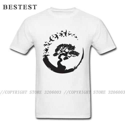 Men Tees Father Day All Cotton T-Shirt Tops Short Sleeve T Shirts For Male White Black Tshirt Bonsai Tree in Enso Circle Birds