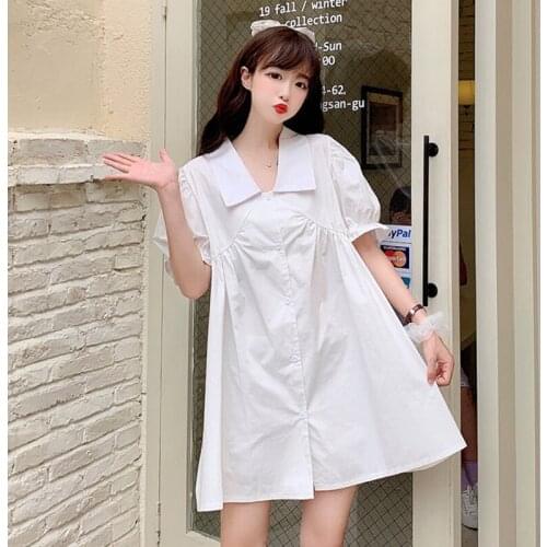 Hipster Polo Collar Purple Skirt 2020 Summer New Korean Sweet Puff Sleeve Loose Slimming Dress Women tea party lolita dress