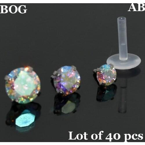 Lot 40Pcs AB Zircon Bioplast Labret Monroe Lip Stud Ear Cartiliage Tragus Helix Piercing stud Ring 16g Body Jewelry