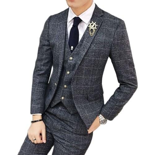 3 Pieces Plaid Set Male Slim Fit Gentleman Wedding Suits Men Formal Business Blazers Jacket Pants Vest Trousers Waistcoat Coat