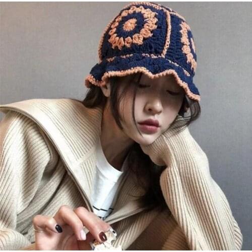 Korean Summer Fashion Colorful Beach Sunshade Hat Handmade Crochet Woolen Yarn Fisherman Foldable Floppy Bucket Knitted Cap