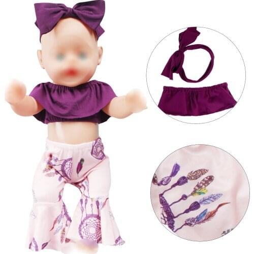 Doll Clothes Fit 18 inch 43cm Baby Doll Off Shoulder Purple Blouses Tops Trousers Hair Band Party Outfit Accessories Kids Toy