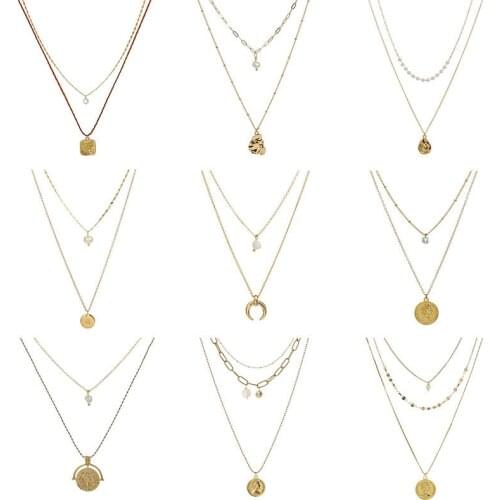 Multilayer Necklace for Women Water Drops Roman Coins Elizabeth Pearl Pendant Chain Women Choker Bohemia Jewelry Wholesale