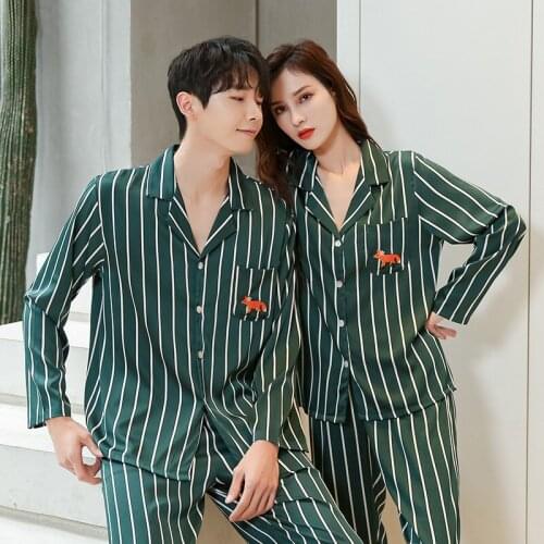 Casual Spring Autumn New Sleepwear Striped Couple 2PCS Pajamas Suit Satin Nightwear Intimate Lingerie Long Sleeve Pyjamas