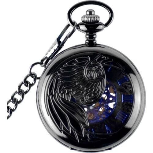 Hollow Skeleton Black Automatic Mechanical Pocket Watch Mens Watch Womens Watch Vintage Hand Wind Clock Necklace Pendant Saat