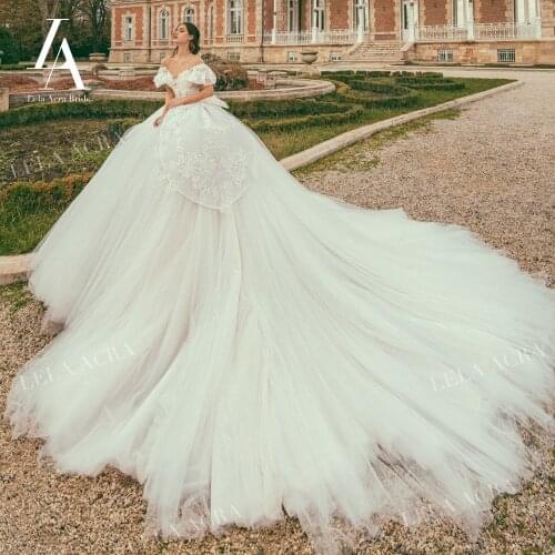 Luxury Embroidery Wedding Dress Sweetheart Off Shoulder Ball Gown Illusion Princess Train LelaAcra JK02 Bride Vestido De Noiva