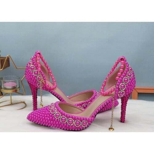 BaoYaFang Fucshia Pink women Wedding shoes Bride high heels ankle strap Pointed Toe womens party dress shoes Beading Pumps