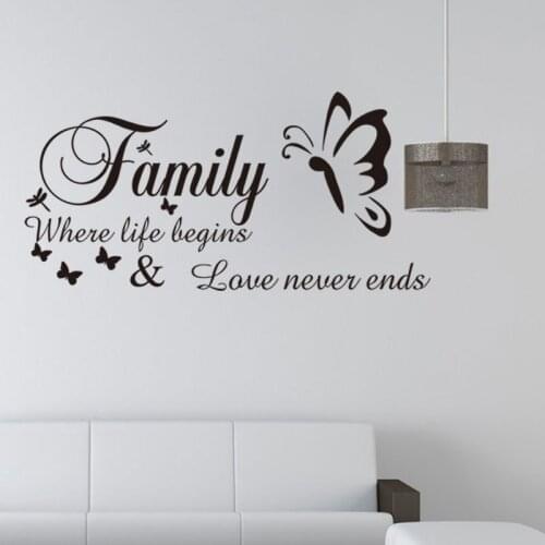Family Where Life Begins Love Never Ends Butterfly Wall Art Decor Home Decoration , High Quality Vinyl Wall Sticker Art Decal