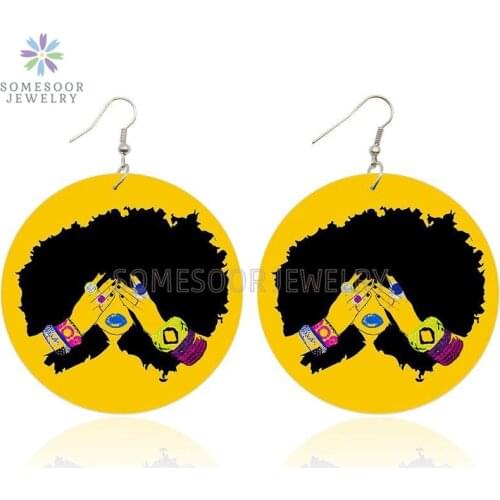 SOMESOOR Afro Curls Natural Hair Wooden Drop Earrings Melanin Hiphop Rock Black Girl Loops Both Sides Printed For Women Gifts