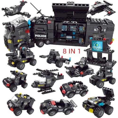 Lele compatible city SWAT police station military building blocks 8 in 1 bricks helicopters truck ship army vehicle toys