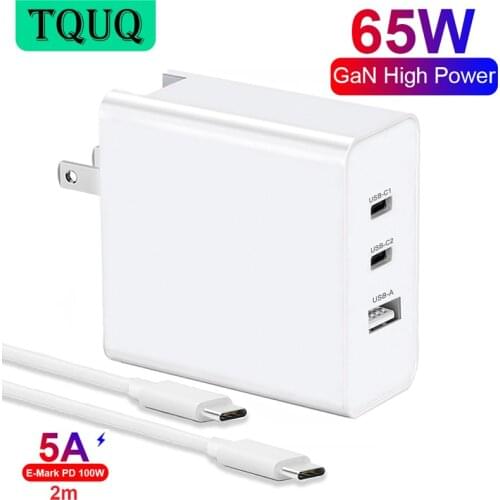 TQUQ 65W GaN USB C Charger Type-C Charger, 3port PD Fast Wall Adapter with UK/EU/AU Travel Adapters for MacBook Laptops iPad Pro
