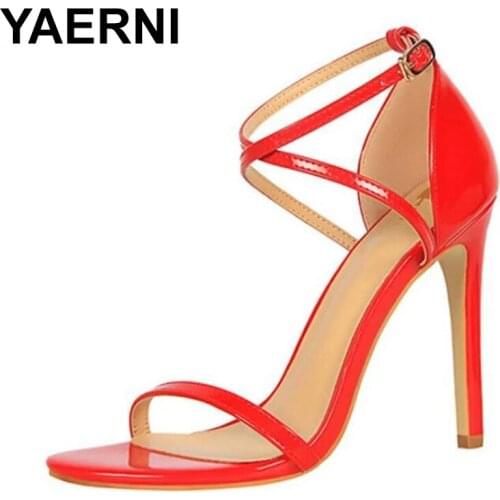 YAERNI Fashion banquet womens shoes ultra high heels and thin heels with open-toe patent leather crossed with sexy nightcl