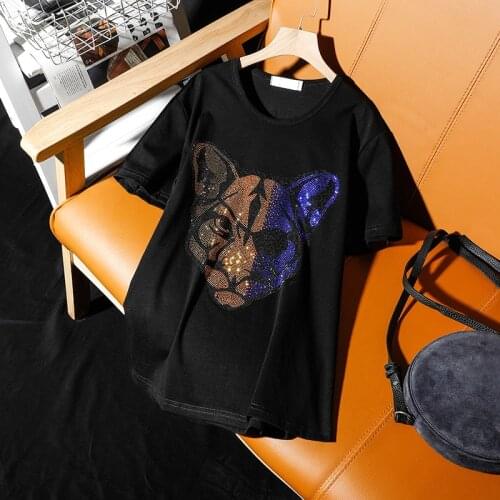 Street leisure fashion leopard hot diamonds short-sleeved t-shirt female summer 2021 new loose Round neck women tops pullovers
