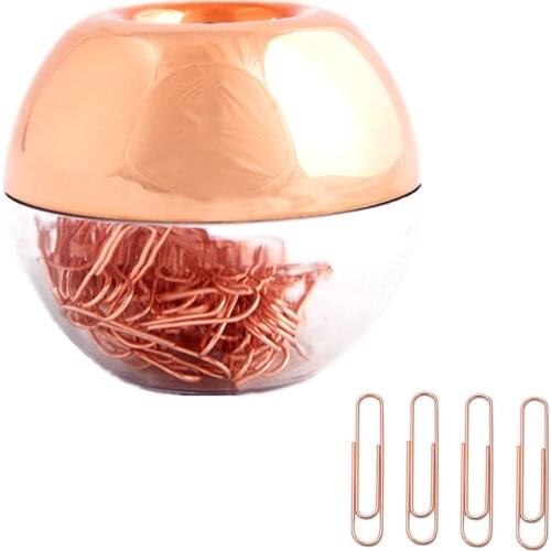 Rose Gold Paper Clips in Rosegold Round Paper Clip Dispenser Holder with Magnetic Lid for Office School Desk Organizer Supplies