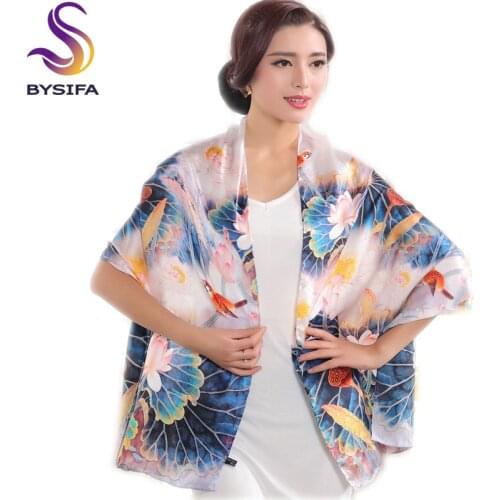 BYSIFA Blue Lotus Scarf Neck Silk Scarf Spring Autumn Women Silk Scarf Shawl Printed Brand Elegant 100% Cocoon Silk Long Scarves
