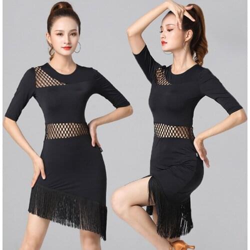 Latin Dance Dress Women Adult Female Summer Professional Dance Fringe Dress Sexy Black Hollow Out Cha-Cha Performance Wear