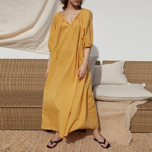 Johnature Vintage New V-neck Linen Women Dresses 2021 Summer Loose Solid Color Casual Tie Half Sleeve Female Dress