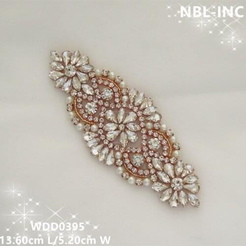 30pcs) Wholesale handmade rose gold iron on bridal beaded rhinestone crystal applique for wedding dresses sash belt WDD0395
