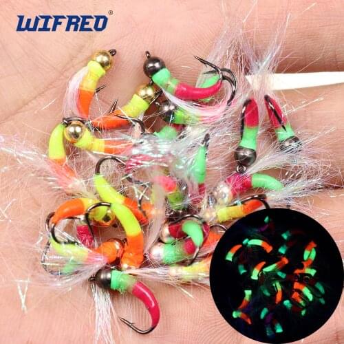 Wifreo 6PCS Ice Fishing Nymphing Flies Tungsten Bead Head Fluorescent Nymph Trout Bass Perch Pike Flies #8 Pearl Tinsel Nymph