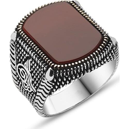925 sterling Silver Agate Stone Tuğralı Male Ring