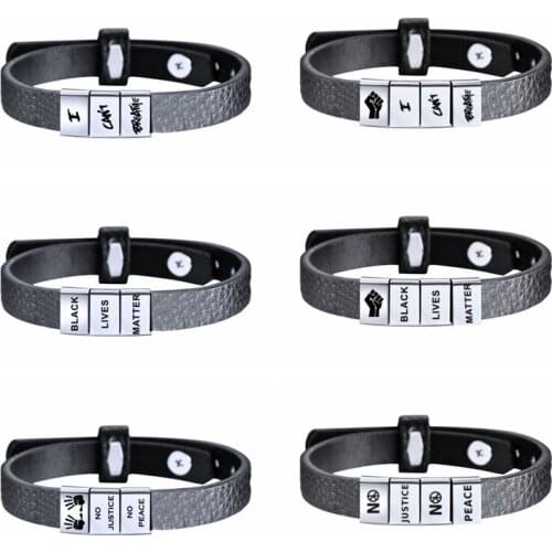MIQIAO Stainless Steel Leather Black Lives Matter I Can't Breathe Arm Wrist Band Bracelets for Women Men Anime Boho Fashion Gift