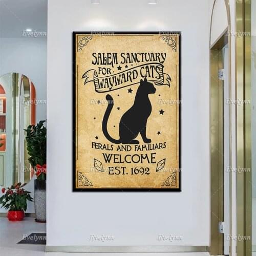 Salem Sanctuary For Wayward Cats Poster, Cat And Skulls Canvas, Black Cat Wall Decor, Halloween Poster, Witch With Brooms Print