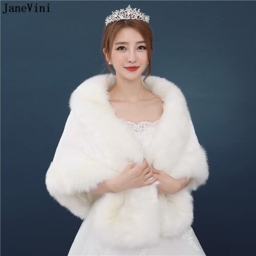 JaneVini 2019 Winter Bridal Faux Fur Wraps Ivory/Red Women Warm Shawls Hood Cape Boleros for Evening Party Brides Accessories