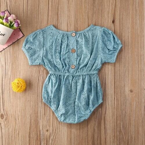 0-24M Newborn Baby Girls Bodysuits Lace Flowers Short Sleeve Solid Jumpsuits 3 Colors