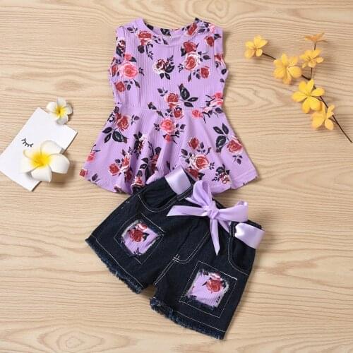 Toddler Baby Girl Purple Floral Clothing Set Kids Sleeveless Ruffled Top with Jeans Shorts Outfits