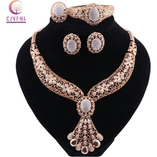 Jewelry Sets For Women Fine Crystal Necklace Earrings Set African Beads Gold Color Pendant Wedding Dress Accessories