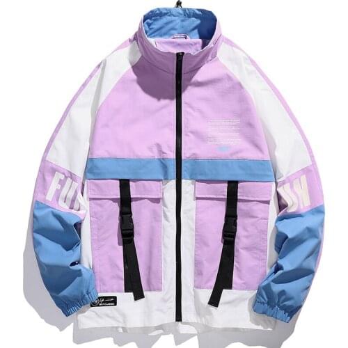 Streetwear Casual Men Jacket Coat Patchwork Windbreaker Mens Bomber Jacket 2020 Spring Ribbons Pockets Male Overcoat