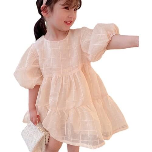 2021 Summer Girls Korean Cute Dress 2-7 Year Kids Sweet Clothes O-Neck Bubble Sleeve Dresses For Girls Children Casual Clothing