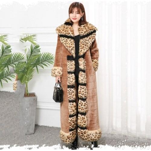 European station fur coat women long to ankle long-sleeved new fashion leopard-print fox fur collar imitation mink fur coat s114