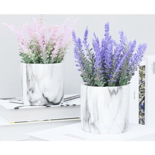 Desktop Artificial Flowers Pot Marble Potted Plant Lavender Bouquet Plastic Bonsai Set Home Fake Decoration Plants Ornaments