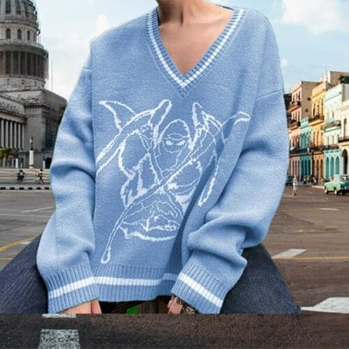 Autumn Winter Women Pullovers Sweater 2021 V-Neck Loose Cartoon Printing Pullovers Casual Girls Knitted Sweaters