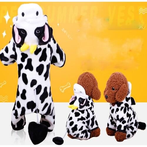 Fall Winter Dog Clothes Coral Fleece Cow Dress Pet Costume Pet Thick Warm Cotton Hooded Coat Jumpsuit Jacket Pet Supplies