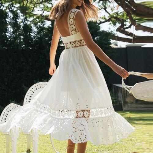 Ardm Elegant женское платье Strap Embroidery White Midi Dress Hight Waist Lace Hollow Out Ladies Vintage Vestido Spring Summer