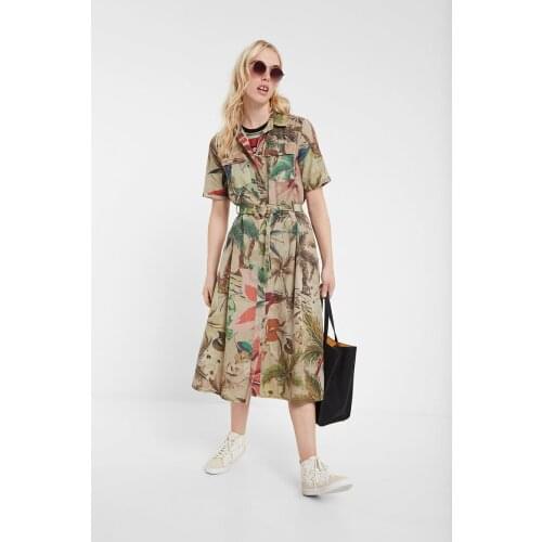 Spanish shirt collar belt tropical plant print Short Sleeve Dress