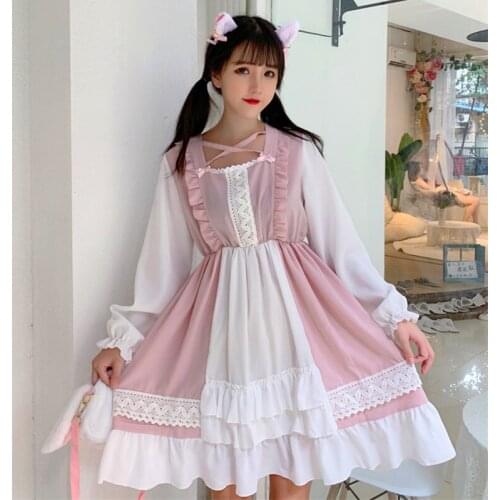 Pink lolita dress vintage Sweet retro lacet victorian dress kawaii girl gothic lolita op palace sweet princess dress loli cos