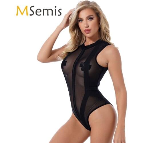 Sexy Womens Lingerie See Through Sheer Mesh Bodysuit Zipper Front Catsuit Clubwear O Neck Elastic Band Patchwork Sexy Clothing